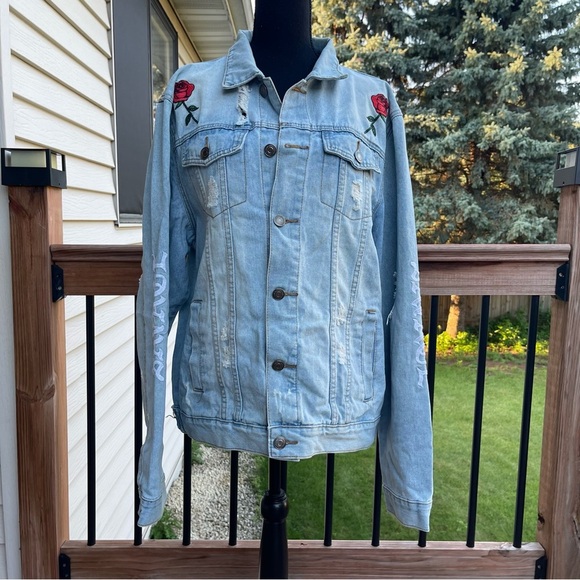 Carbon Savage Denim Jean Jacket Adult XL X-Large Embroidered Dragon Roses - Picture 10 of 14